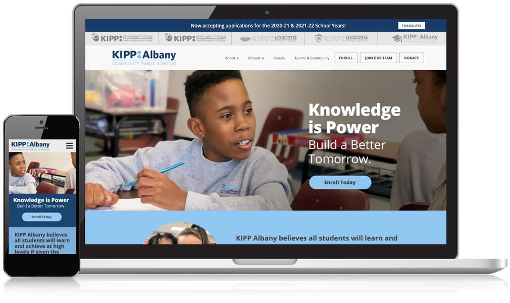 KIPP Albany homepage website shown on a mobile and laptop