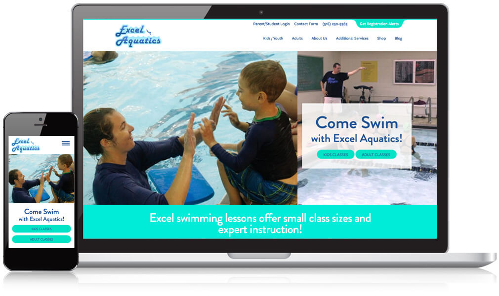 Homepage view of Excel Aquatics on a mobile and desktop screen