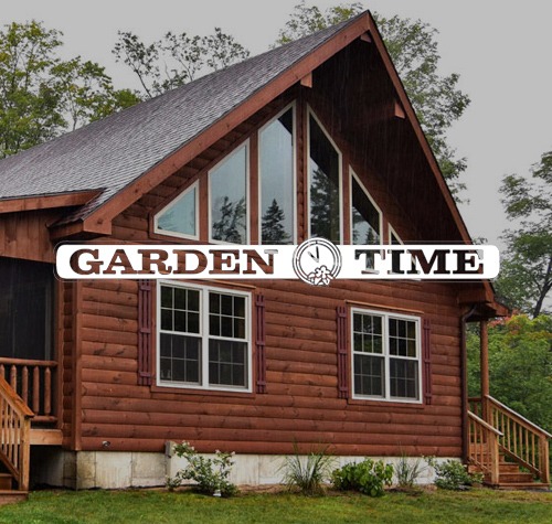 Garden Time logo with a cabin in the background.