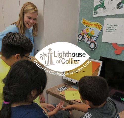 The Lighthouse of Collier Center for Blindness and Vision Loss logo with students learning in the background.
