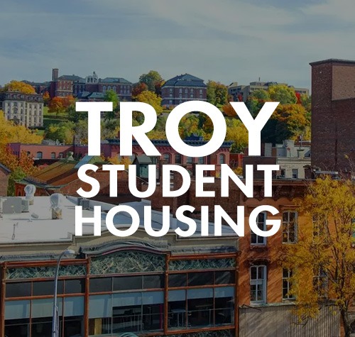 Troy Student Housing logo with Troy in the background.
