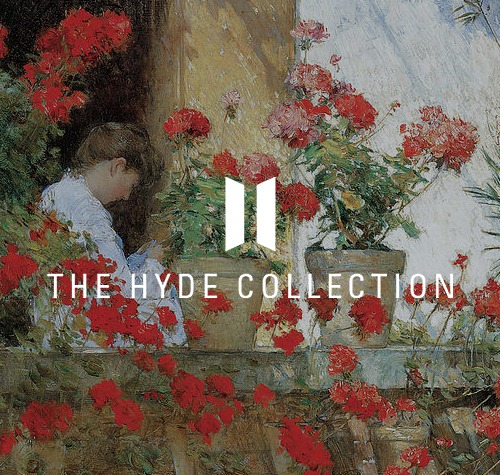 The Hyde Collection logo with a historical painting in the background.