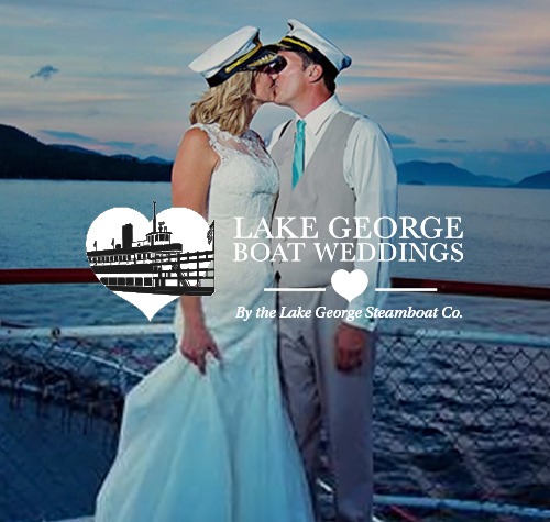 Lake George Boat Weddings logo with a couple kissing on a boat on Lake George in the background.