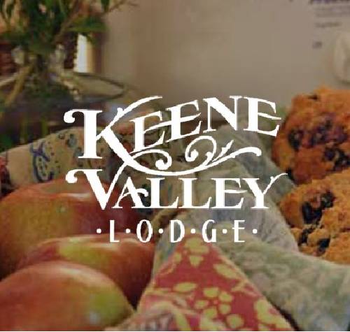 Keene Valley Lodge logo with food in the background.