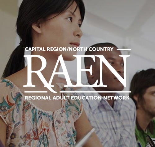 Regional Adult Education Network logo with students learning in the background.