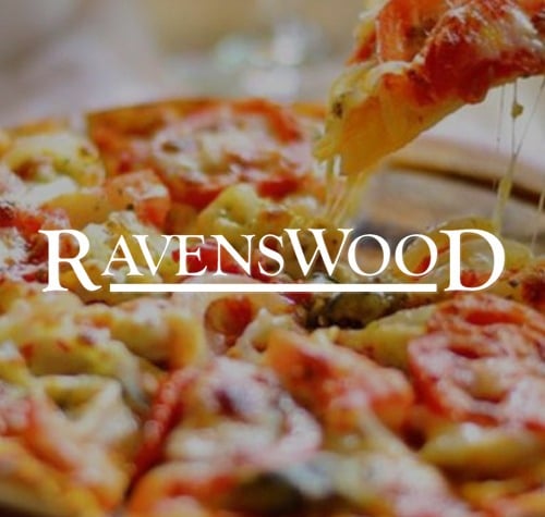 Ravenswood logo with pizza in the background.