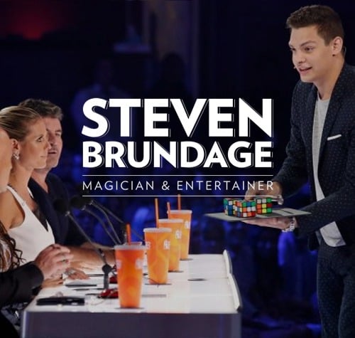 Steven Brundage Magician and Entertainer with Steven performing for judges on a television show in the background.