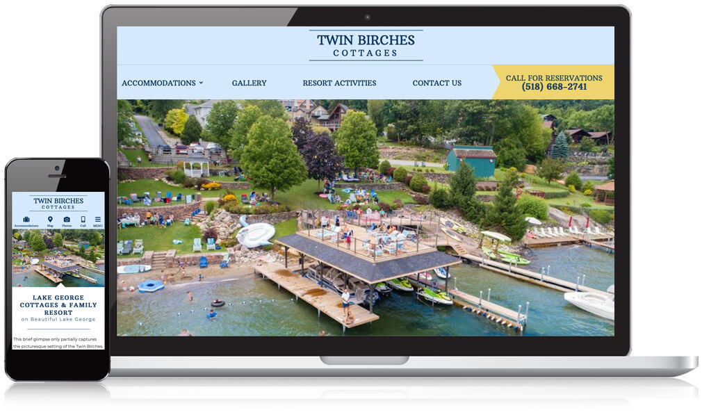 Laptop and mobile image of Twin Birches Cottages in Lake George website homepage