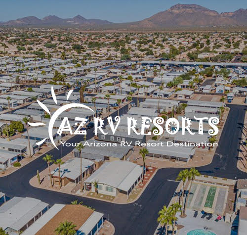 Arizona RV Resorts logo with their resort in the background.