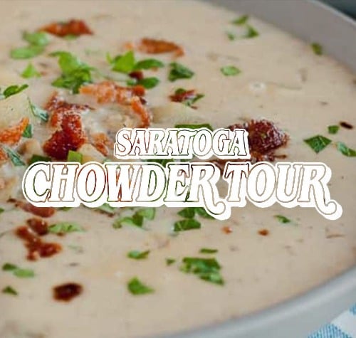 Saratoga Chowder Tour logo with a bowl of chowder in the background.