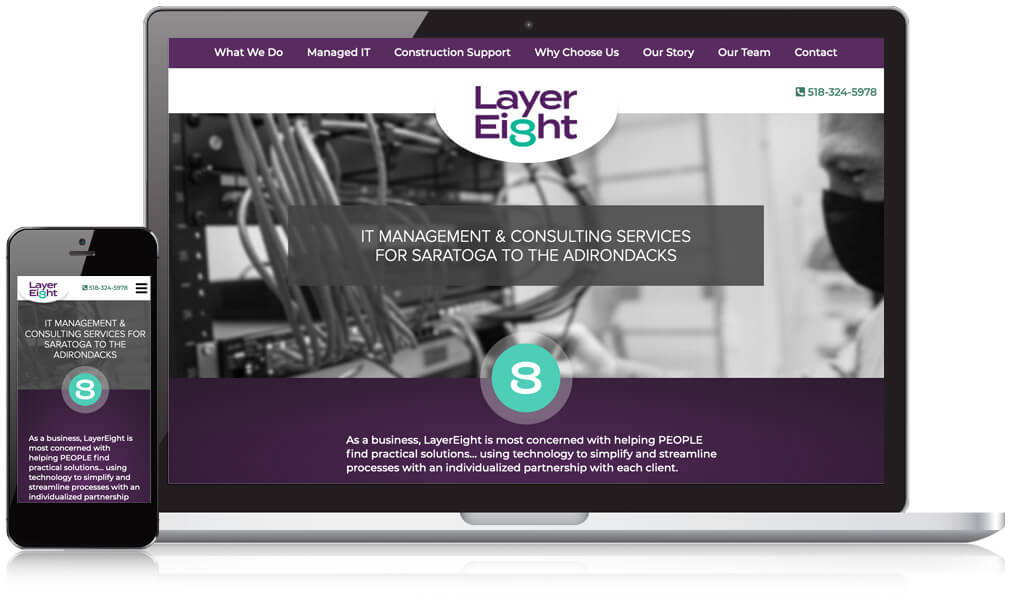 Homepage image of Layer Eight's website on desktop and mobile phone