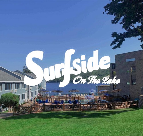 Surfside on the Lake logo with seats by the lake in the background.