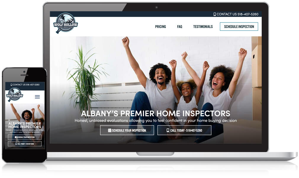 Laptop and mobile screens of the Wolf Hollow Home Inspection website homepage