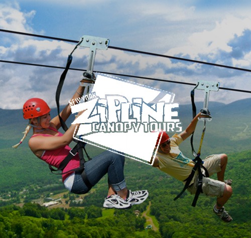 New York Zipline Canopy Tours logo with people ziplining in the background.
