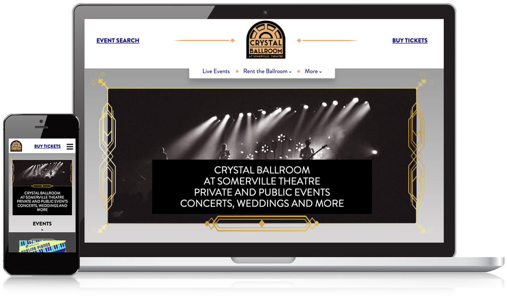 Crystal Ballroom website homepage on a laptop screen and mobile device