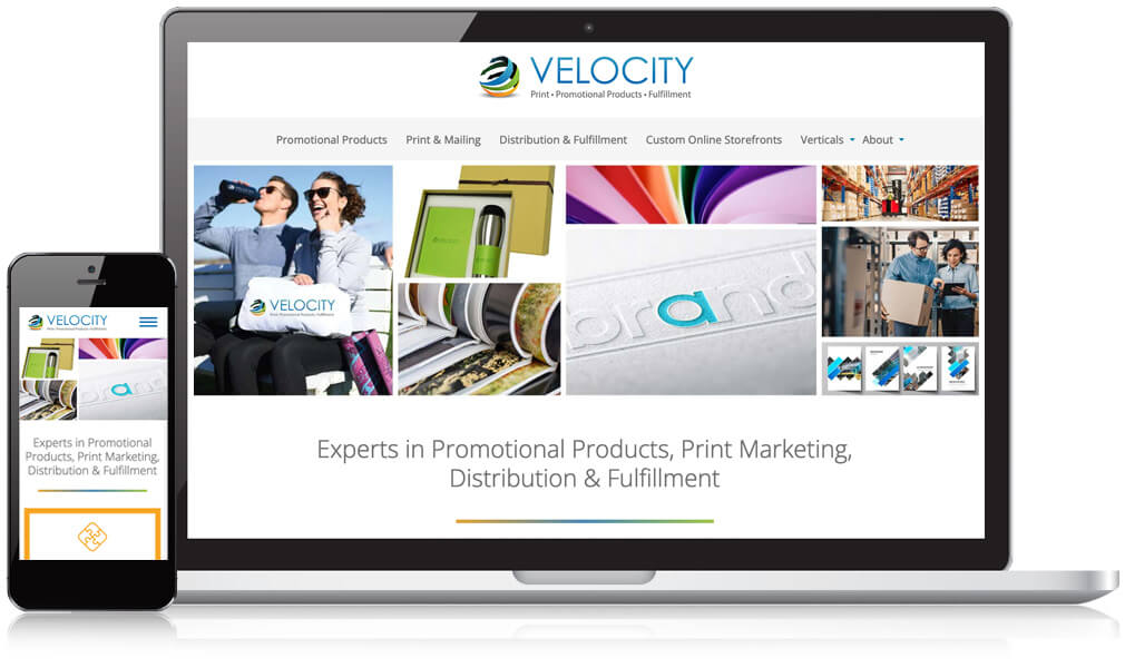 Laptop and mobile visual of Velocity Print's website homepage