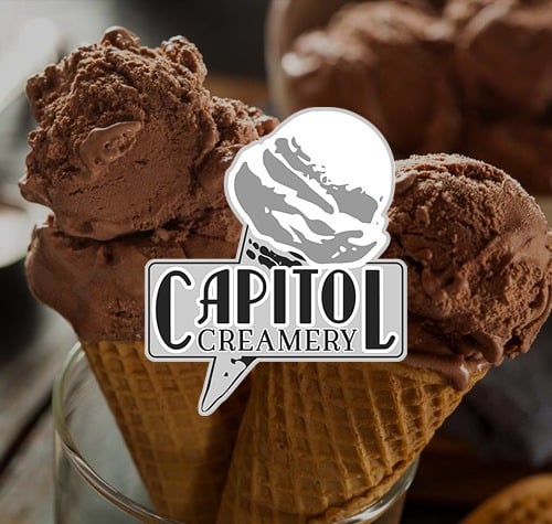 Capitol Creamery logo with their chocolate ice cream in the background.
