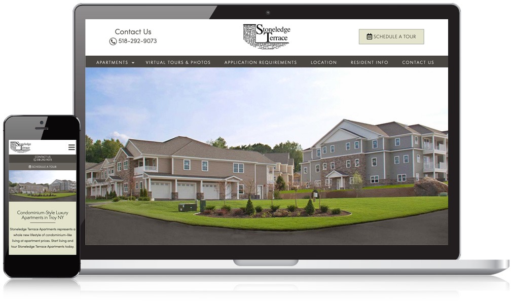 The Stoneledge Terrace website on laptop and mobile screens.