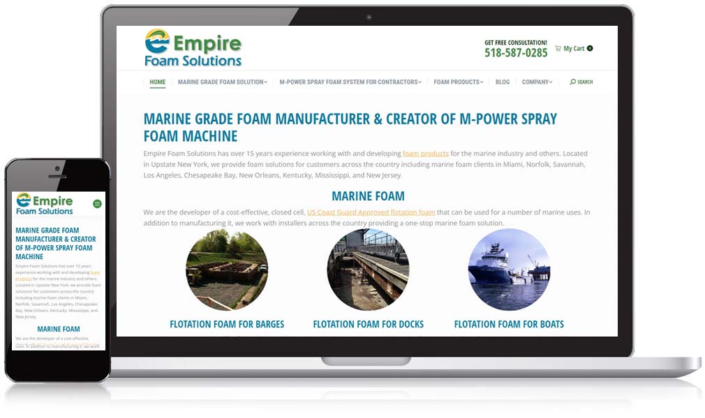 Empire Foam Solutions website on mobile and laptop screens.