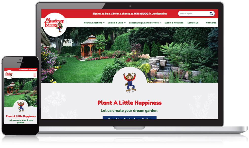 shows desktop mobile friendly website design of meadows farms garden center