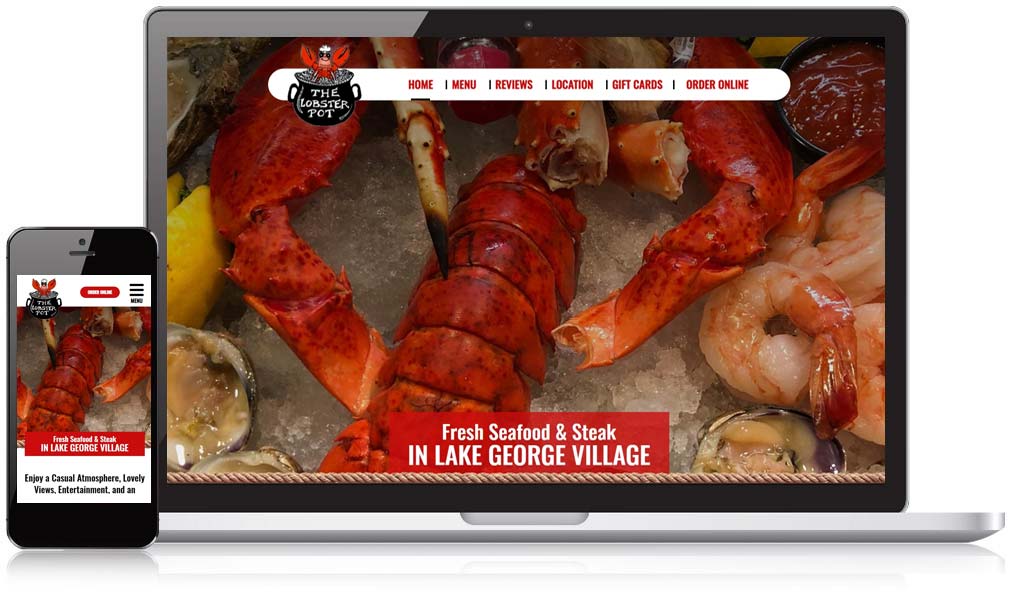 The Lobster Pot website on mobile and laptop screens.