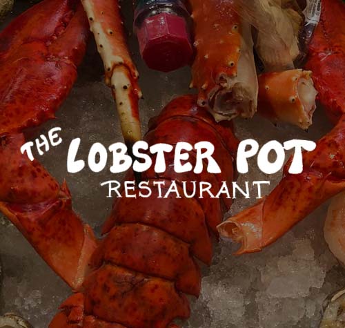 The Lobster Pot Restaurant logo with a lobster in the background.