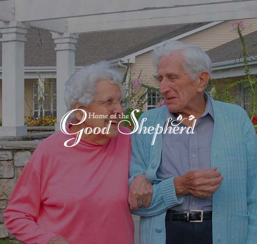 Home of the Good Shepherd logo with an elderly couple in the background.
