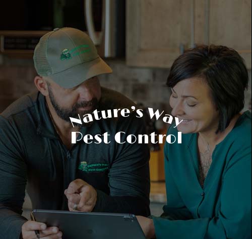 Nature's Way Pest Control logo with an employee helping a customer in the background.