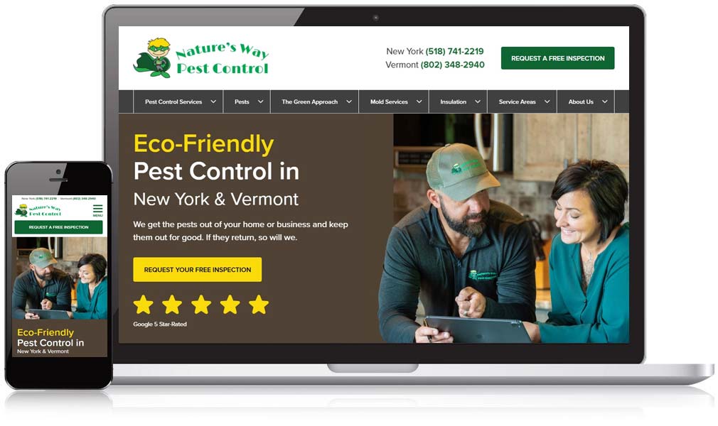 Nature's Way Pest Control website on mobile and laptop screens.