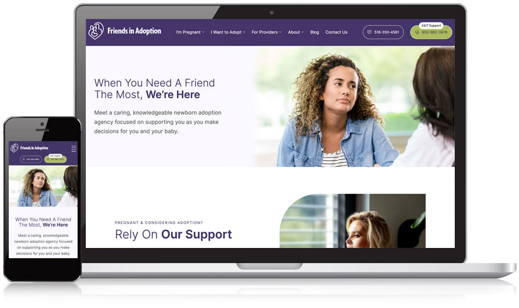 Friends in Adoption website on mobile and laptop screens.