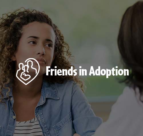 Friends in Adoption logo with a conversation taking place in the background.