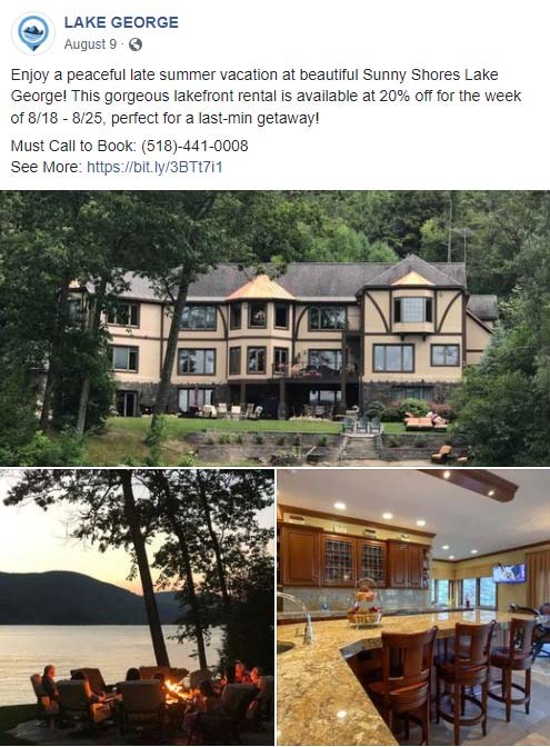 Facebook post of a lakefront rental property at Lake George.