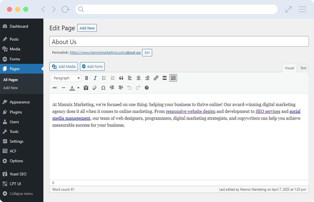 Screenshot of the 'Edit Page' section of WordPress.