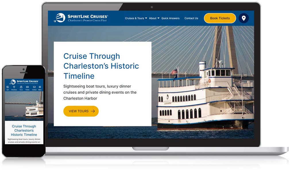 SpiritLine Cruises website on mobile and laptop screens.