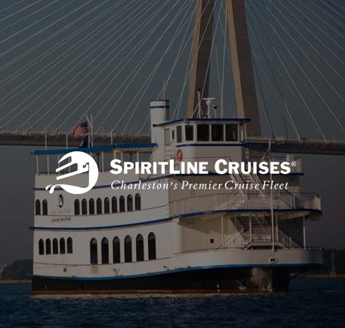 SpiritLine Cruises logo with one of the boats in their fleet in the background.
