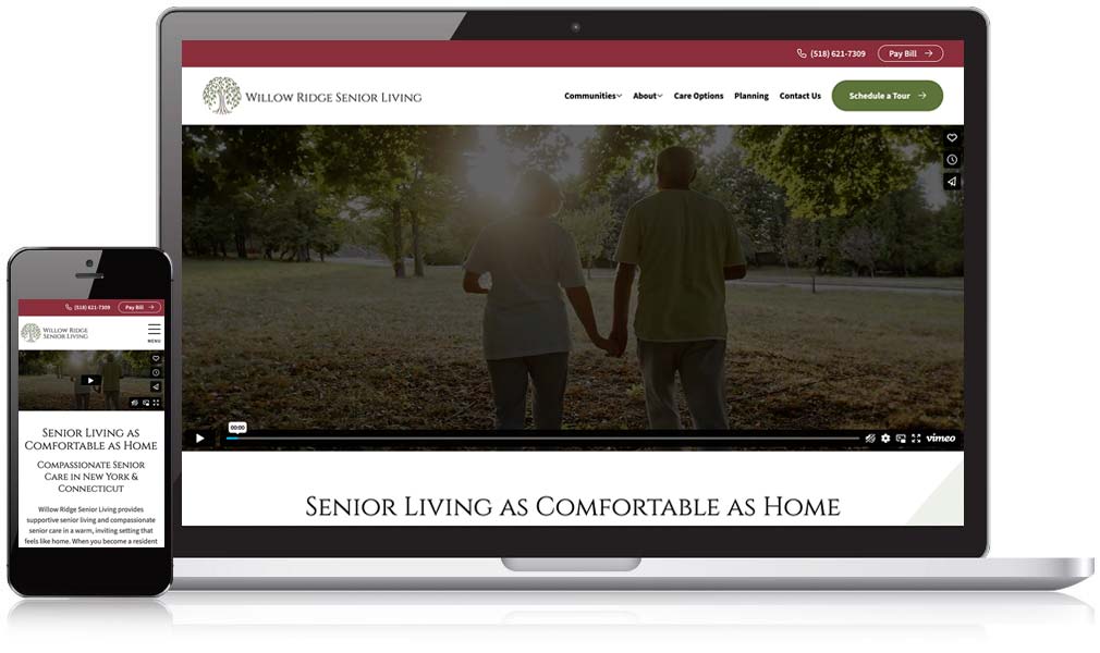 Willow Ridge Senior Living website homepage on different screens
