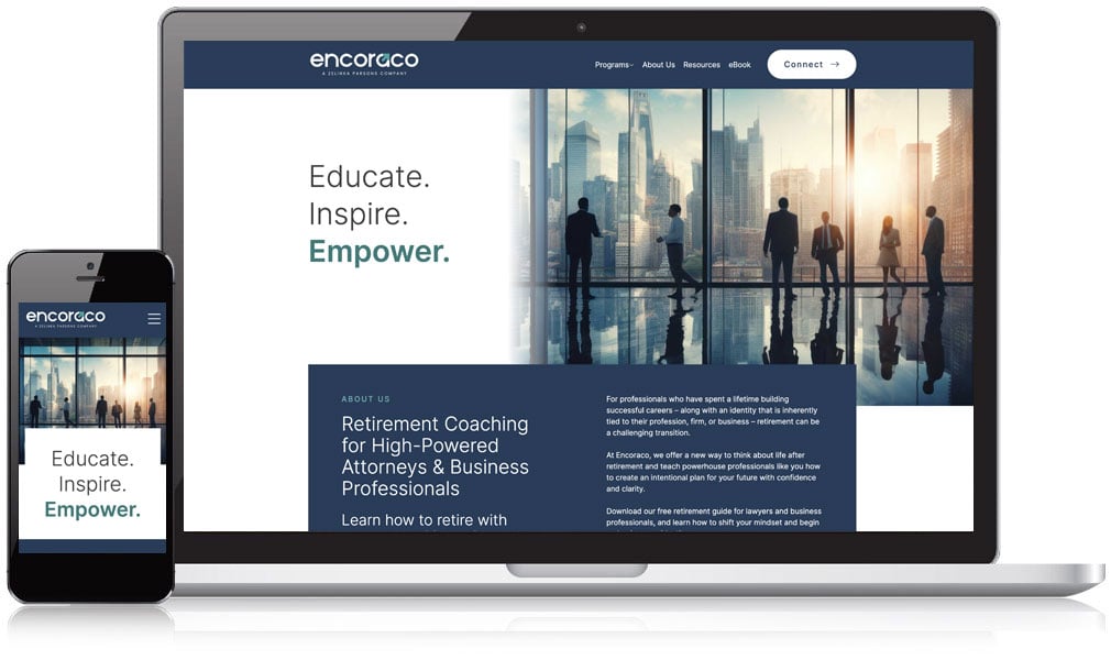 Encoraco website homepage on different screens