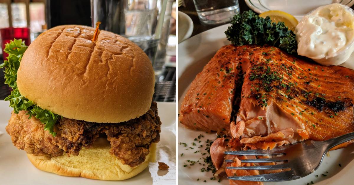Chicken sandwich on the left, salmon on the right